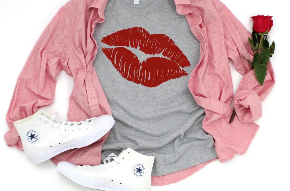 Heather Grey Red Lips Graphic Tee