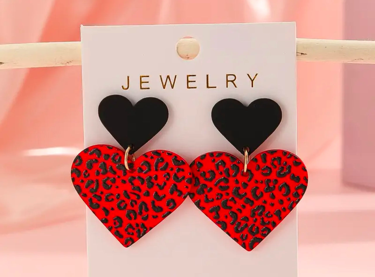 Black And Red Leopard Heart Earrings