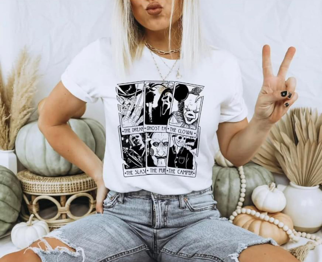 White Horror Characters Tarot Cards Graphic Tee