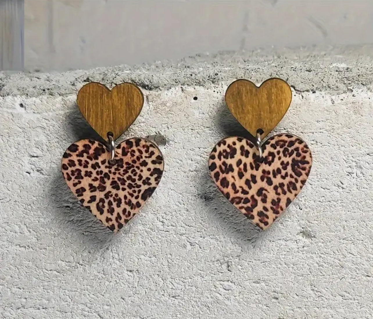 Wooden Leopard Heart Earrings