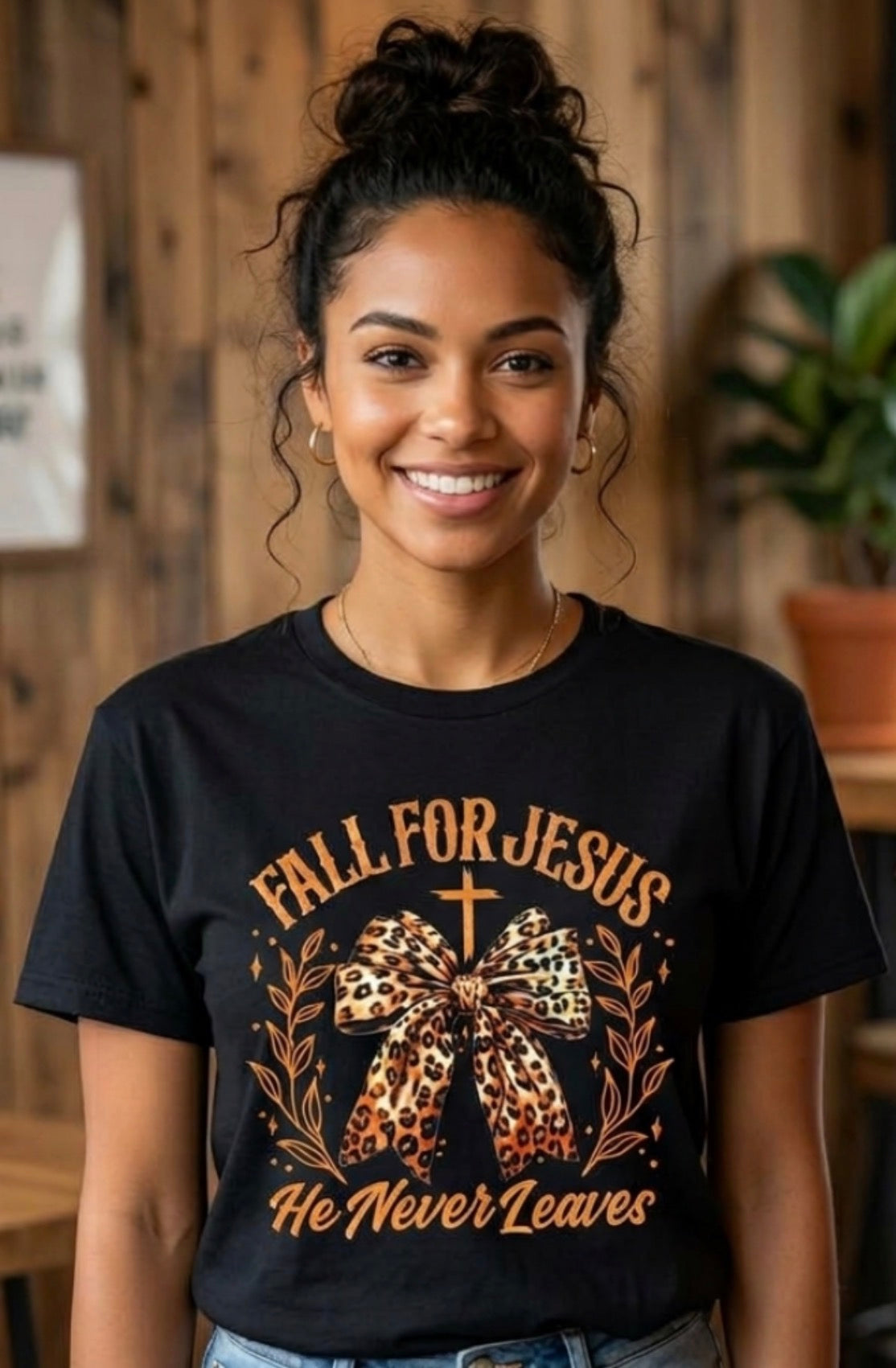 Black Fall For Jesus He Never Leaves Graphic Tee
