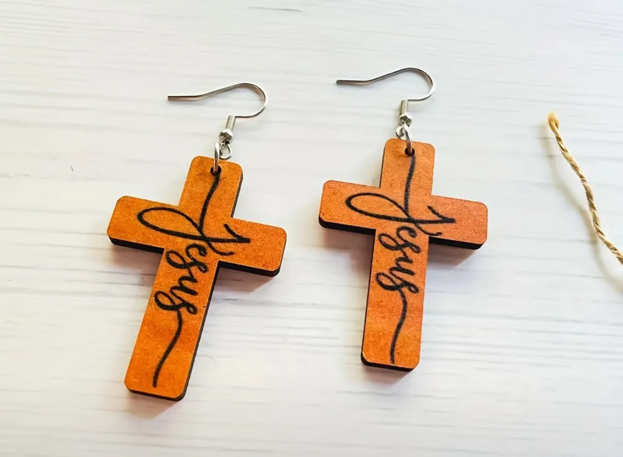 Jesus Wooden Cross Earrings