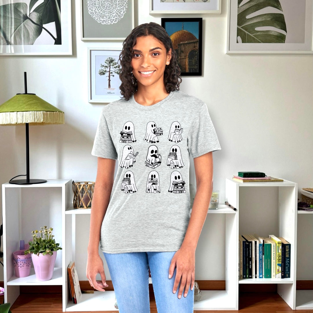Heather Grey Reading Ghosts Graphic Tee